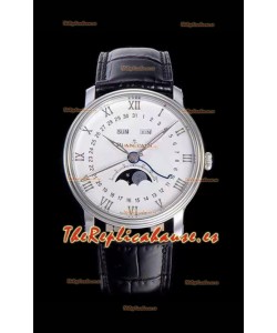 Blancpain "Villeret Quantième Complet" Reloj de Acero Suizo 904L con Dial en Blanco apagado