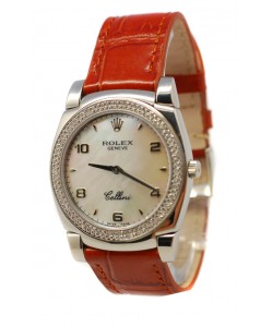Rolex Celleni Cestello Reloj Suizo Señoras con Esfera Perla, Correa de Piel y Diamantes en Bisel