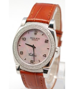 Rolex Celleni Cestello Reloj Suizo Señoras Penk con Esfera Perla, Correa de Piel, Diamantes en Bisel y Terminales