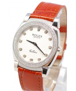 Rolex Celleni Cestello Reloj Suizo Señoras con Esfera Blanca, Correa de Piel, Diamantes en Horas, Bisel y Terminales