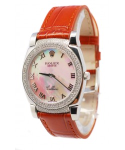 Rolex Celleni Cestello Reloj Suizo Señoras Esfera Blanca Perla Romana, Correa de Piel, Diamantes en Bisel y Terminales