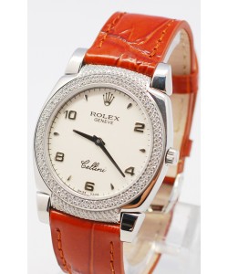 Rolex Celleni Cestello Reloj Suizo Señoras con Esfera Blanca, Correa de Piel con Diamantes en Horas, Bisel y Terminales 