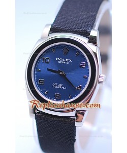 Rolex Celleni Cestello Reloj Suizo Señoras Esfera Azul plata y Correa de Nilón