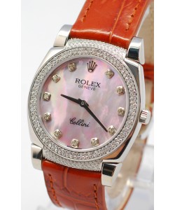 Rolex Celleni Cestello Reloj Suizo Señoras Penk con Esfera Perla, Correa de Piel con Diamantes en Horas, Bisel y Terminales