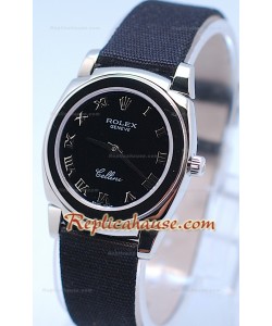 Rolex Celleni Cestello Reloj Suizo Señoras Esfera Romana Negra y Correa de Nilón