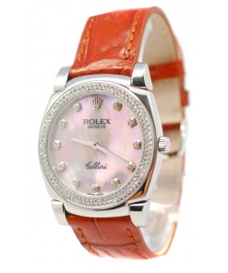 Rolex Celleni Cestello Reloj Suizo Señoras Penk Pearl, Correa de Piel, Diamantes en Bisel y Marcas de Hora