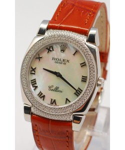 Rolex Celleni Cestello Reloj Suizo Señoras con Esfera Perla Blanca Romana, Correa de Piel y Diamantes en Bisel y Terminales