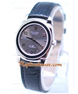 Rolex Celleni Cestello Reloj Suizo Señoras Esfera Gris Platay Correa Negrga