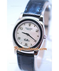 Rolex Celleni Cestello Reloj Suizo Señoras Esfera Perla Blanca y Correa de Piel