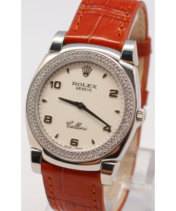 Rolex Celleni Cestello Reloj Suizo Señoras con Esfera Blanca, Correa de Piel y Diamantes en Bisel