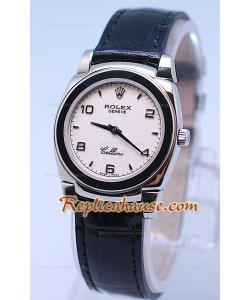 Rolex Celleni Cestello Reloj Suizo Señoras Esfera Blanca y Correa de Piel