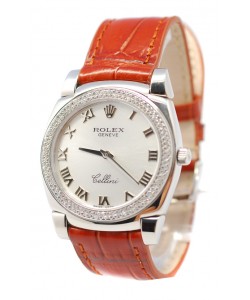 Rolex Celleni Cestello Reloj Suizo Señoras con Esfera Plata Romana, Correa de Piel y Diamantes en Bisel
