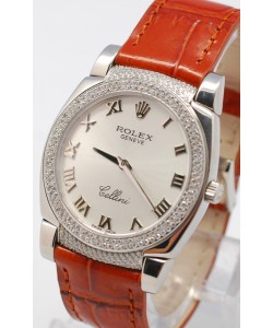 Rolex Celleni Cestello Reloj Suizo Señoras con Esfera Plata, Correa de Piel y Diamantes en Bisel y Terminales
